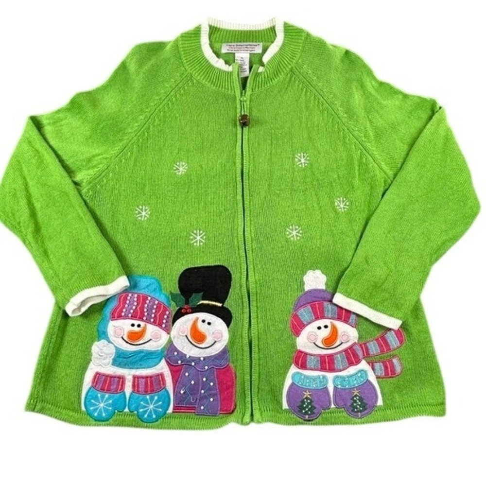 Vtg Tiara International Christmas Sweater XL Snowman Embroidered Zip Cardigan